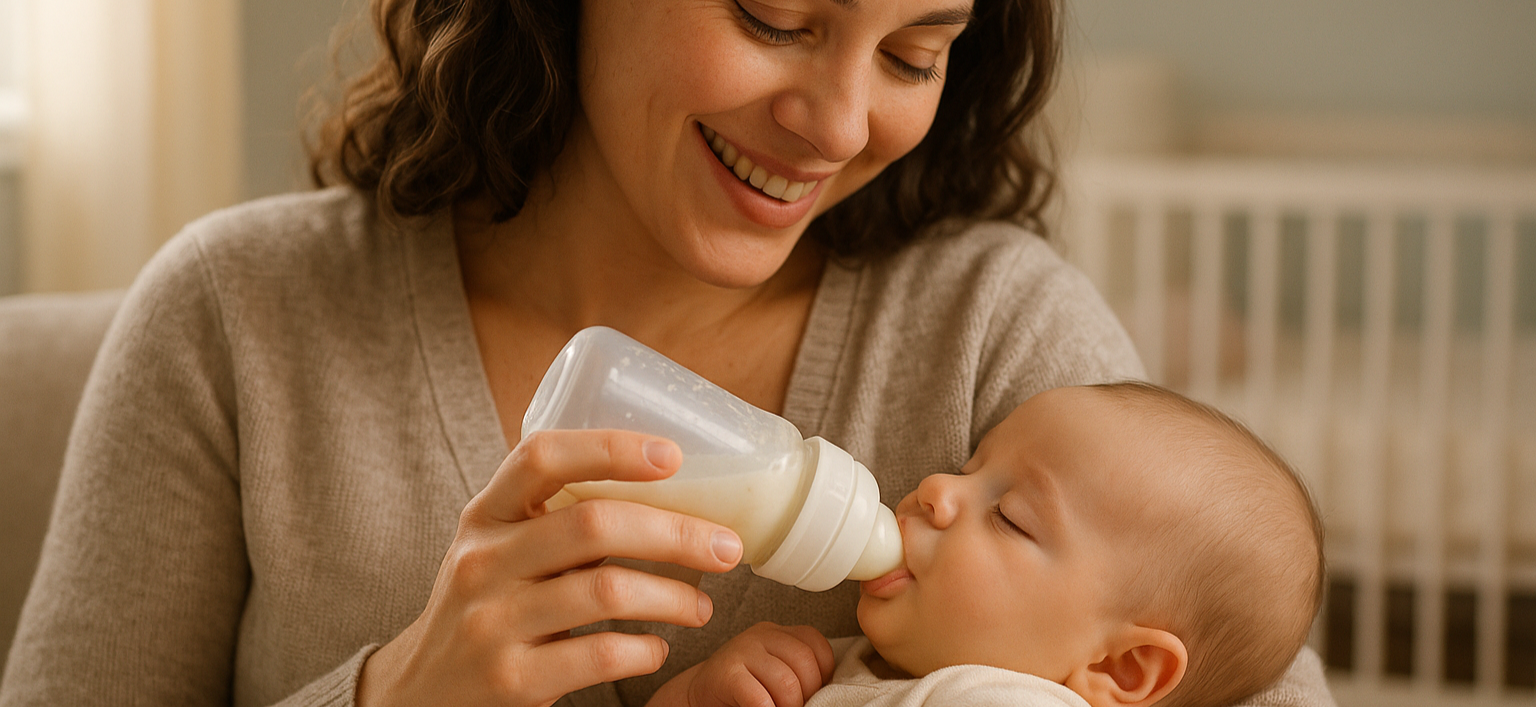 happy mother with baby feeding it with baby milk