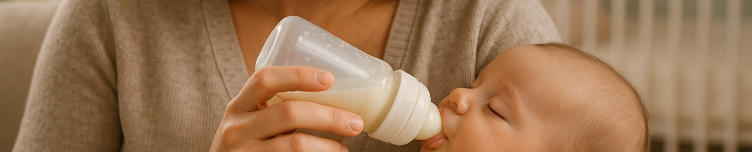 happy mother with baby feeding it with baby milk