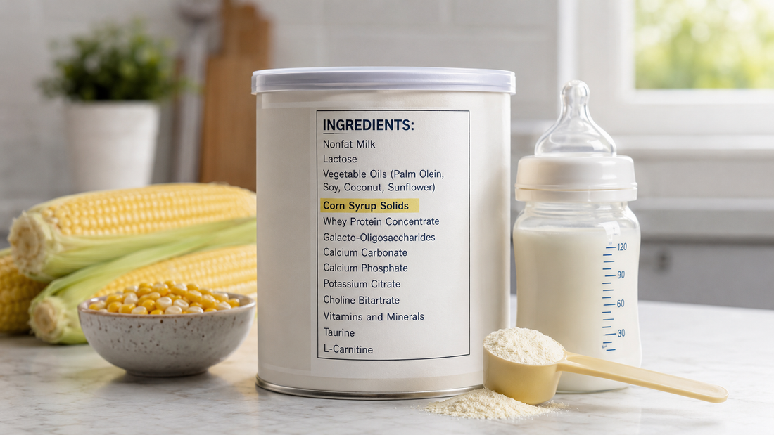 Baby formula with corn syrup solids listed on the label